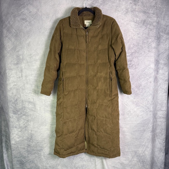 L.L.Bean Down Commuter Coat Down Parka Faux Fur Sherpa Trim sz S petite Brown - Picture 1 of 10
